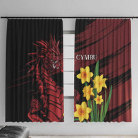 Black and burgundy window curtain panel with red dragon and yellow daffodils