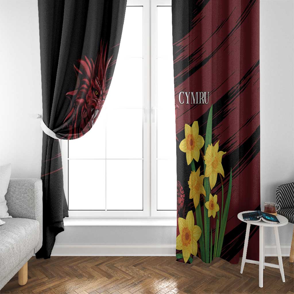 Black and burgundy window curtains with red dragon design and yellow daffodils