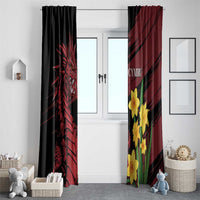 Window curtain panels with red dragon artwork on black and yellow daffodils on burgundy