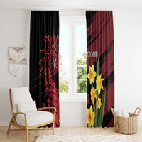 Tall black-and-burgundy curtain panels featuring red dragon and yellow flowers