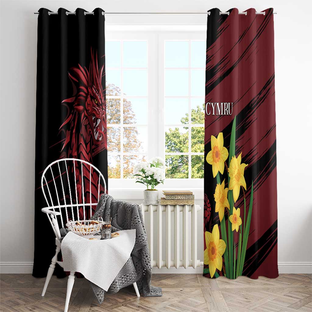 Hanging curtain panels with black left panel and burgundy right panel, yellow daffodils