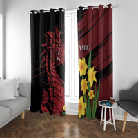 Curtain panels with black dragon motif and burgundy field of yellow daffodils