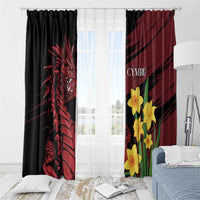 Window curtain panels with black dragon print and burgundy stripe with yellow daffodils