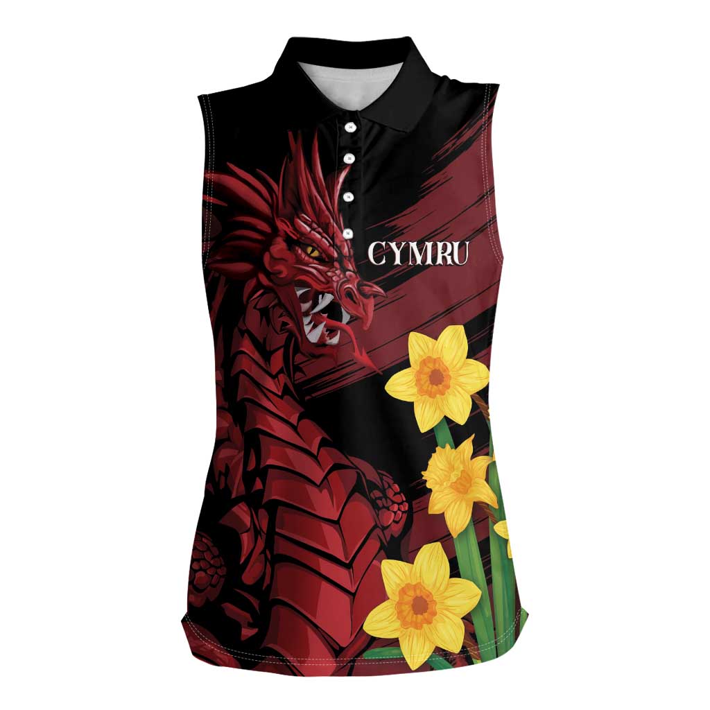 Wales Cymru Am Byth Women Sleeveless Polo Shirt Dragon & Daffodil