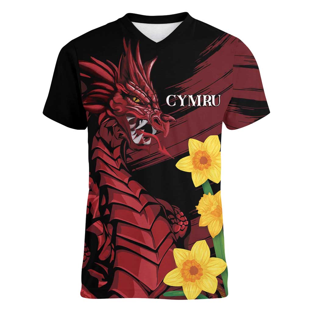 Wales Cymru Am Byth Women V-Neck T-Shirt Dragon & Daffodil