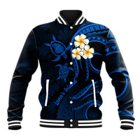 Unisex blue baseball jacket with white striped ribbed collar and plumeria graphic