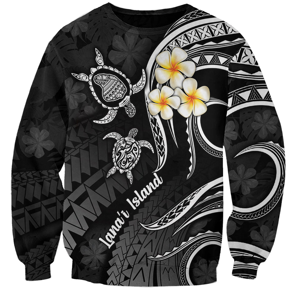 Black unisex sweatshirt with white Polynesian turtle and plumeria graphic, full sleeves