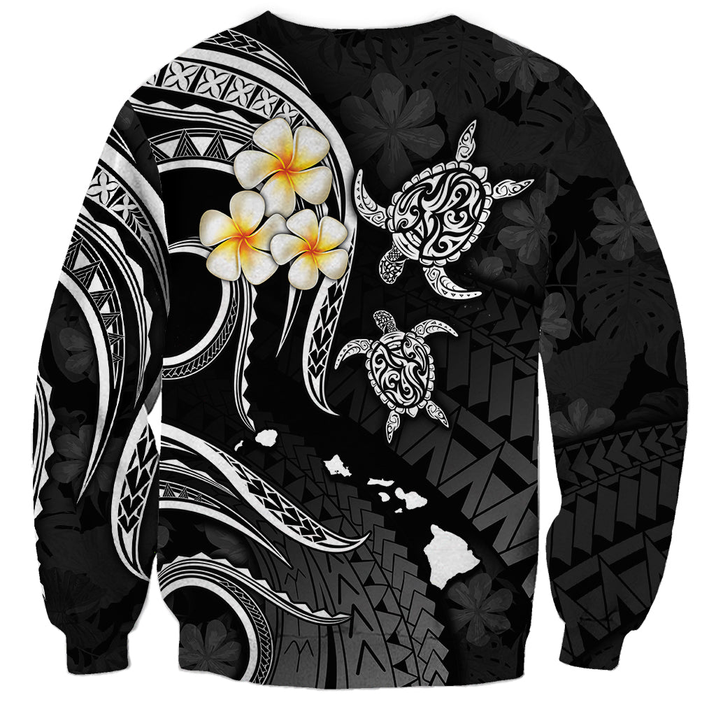 Black unisex sweatshirt with white plumeria flowers, turtle motif and island map graphic