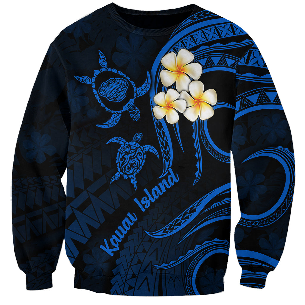 Unisex dark blue sweatshirt with plumeria flowers and Polynesian turtle graphic