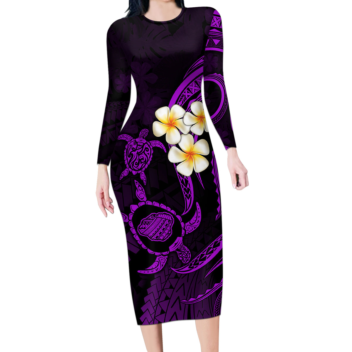 Purple long-sleeve bodycon dress with plumeria flowers and Polynesian pattern