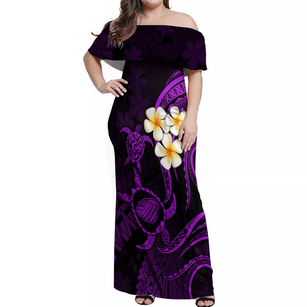 Off-shoulder purple maxi dress with plumeria and Polynesian print, front view