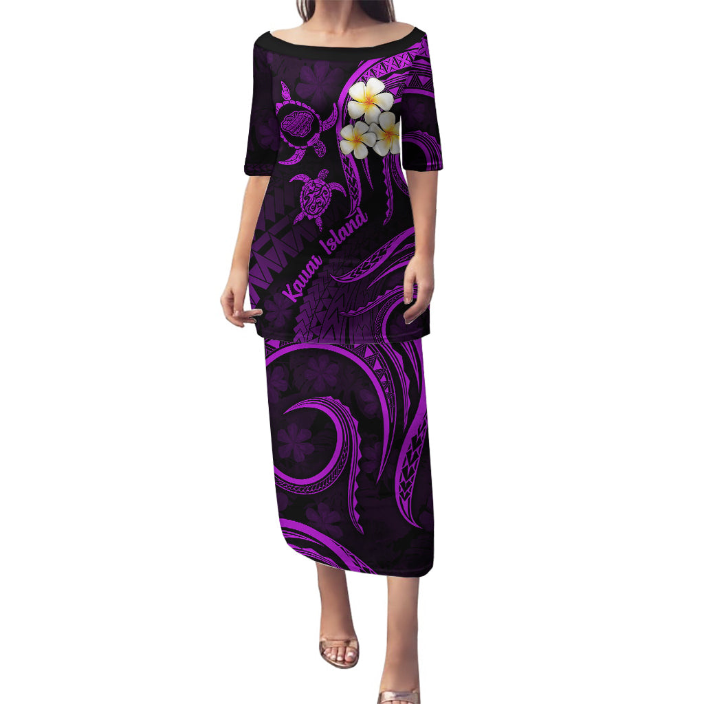 Purple puletasi long dress, short sleeves, boat neckline, plumeria floral print