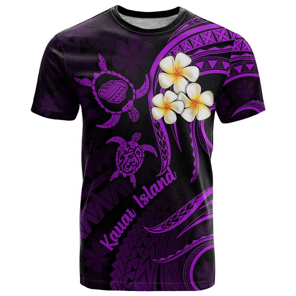 Purple graphic T-shirt with plumeria flowers, turtle and Kauai Island text