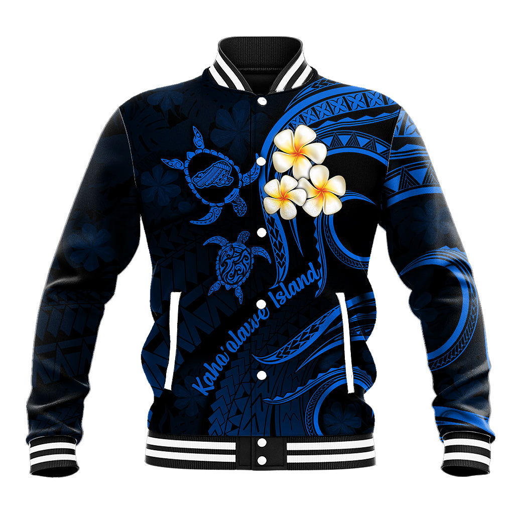 Blue baseball jacket with ribbed striped collar, front buttons, turtle and plumeria print