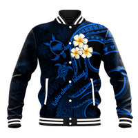Blue baseball jacket with ribbed striped collar, front buttons, turtle and plumeria print