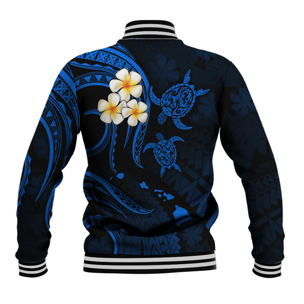 Blue baseball jacket back view with plumeria flowers, turtle motifs, striped ribbed cuffs