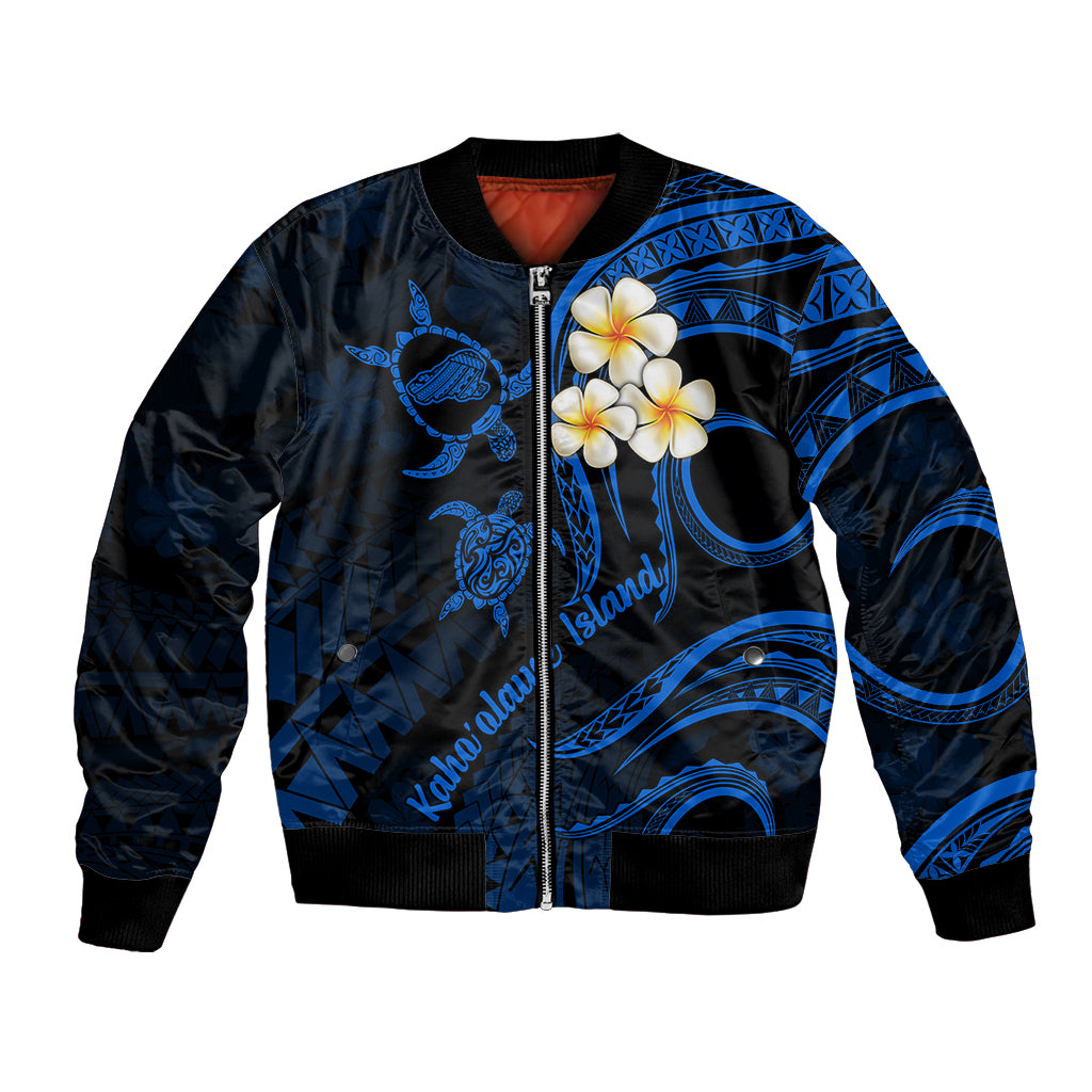 Unisex blue bomber jacket with full-zip front, ribbed cuffs, and plumeria and sea-creature print