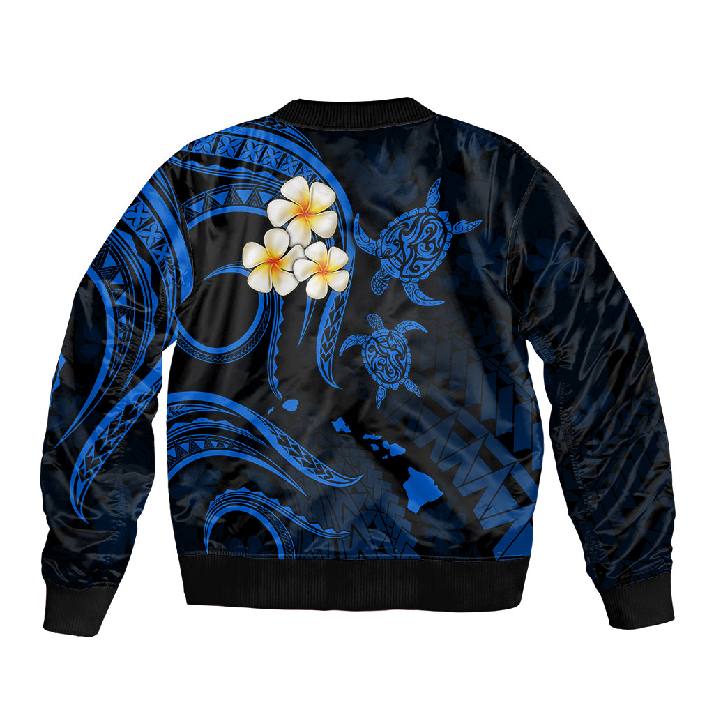 Blue bomber jacket with ribbed hem, plumeria flower patch, and Polynesian sea-creature artwork
