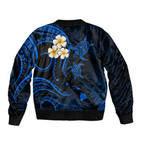 Blue bomber jacket with ribbed hem, plumeria flower patch, and Polynesian sea-creature artwork