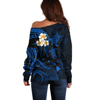 Blue off-shoulder sweater, back print with plumeria flower and turtle motifs