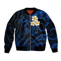 Blue unisex bomber jacket with full-zip, ribbed hem, plumeria and tribal wave graphics