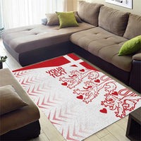 Red and white Denmark-themed area rug with cross stripe and detailed lion graphic.