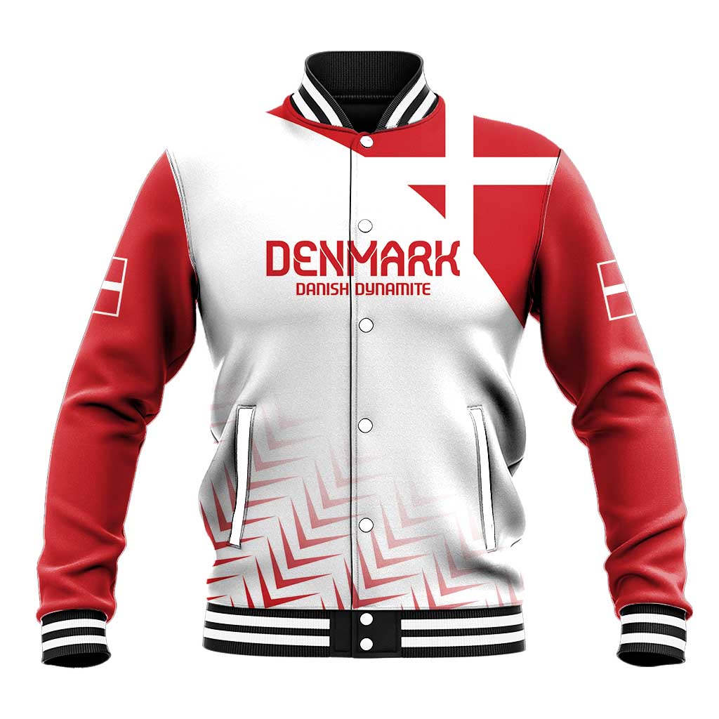 Zip-front baseball jacket, red/white Denmark graphic, striped ribbed collar and cuffs