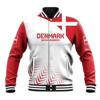 Zip-front baseball jacket, red/white Denmark graphic, striped ribbed collar and cuffs