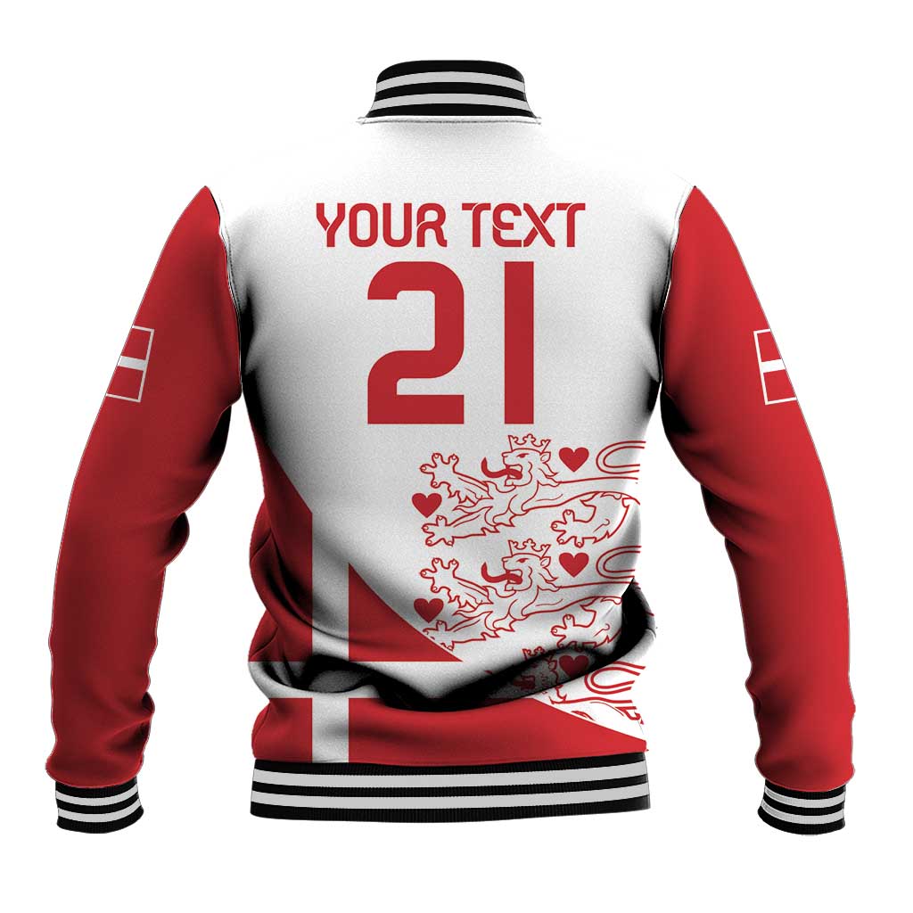 Back baseball jacket, red/white flag print with 'Your Text' and number 21, striped hem
