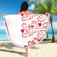White round beach blanket with red lion and heart motif, custom text, fringed border