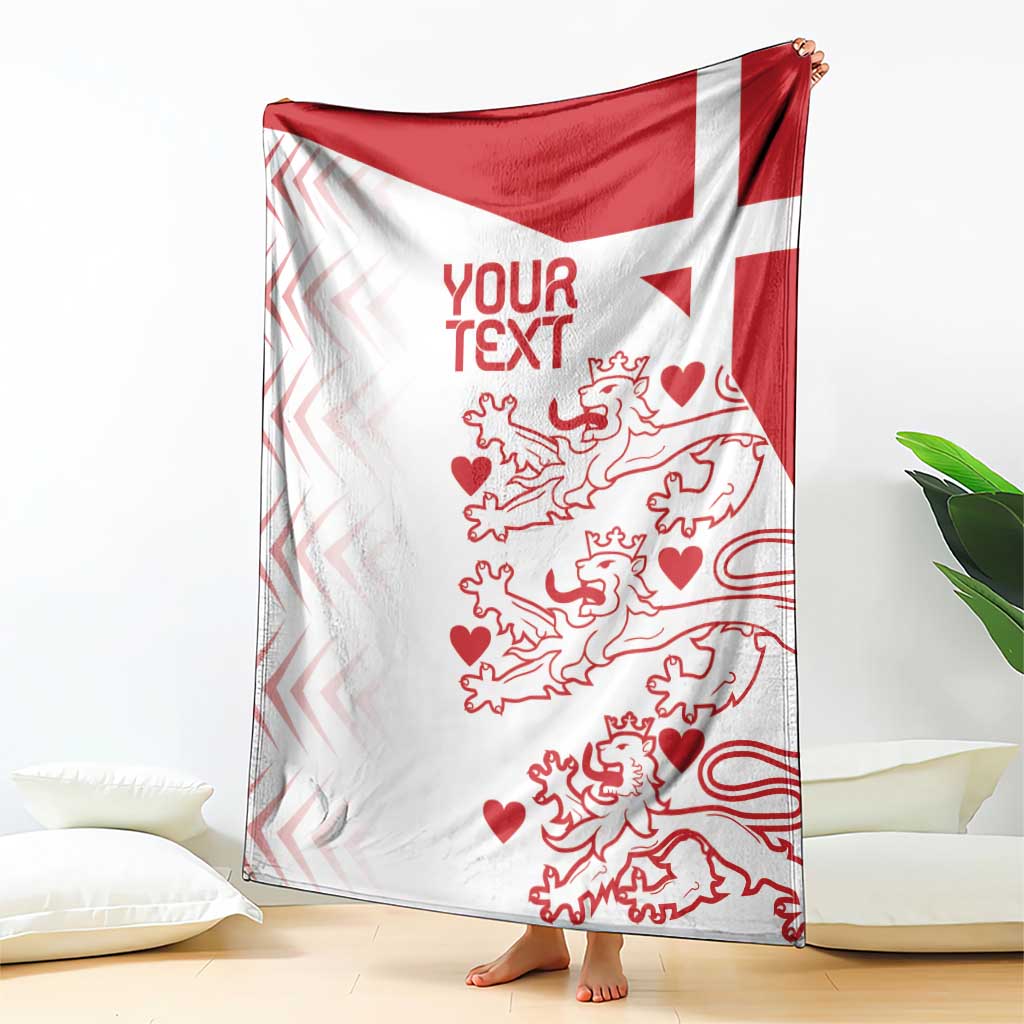 Red and white Denmark-themed football blanket with lions and heart pattern