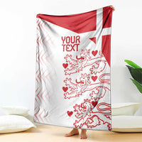 Red and white Denmark-themed football blanket with lions and heart pattern