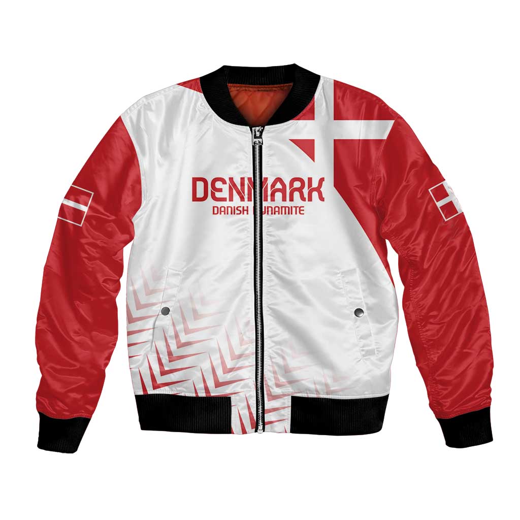 Unisex white and red football bomber jacket with full-zip and ribbed cuffs, Denmark graphic