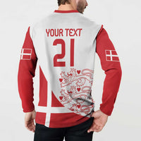 Back of red and white sweatshirt with 'YOUR TEXT 21' and red crest pattern