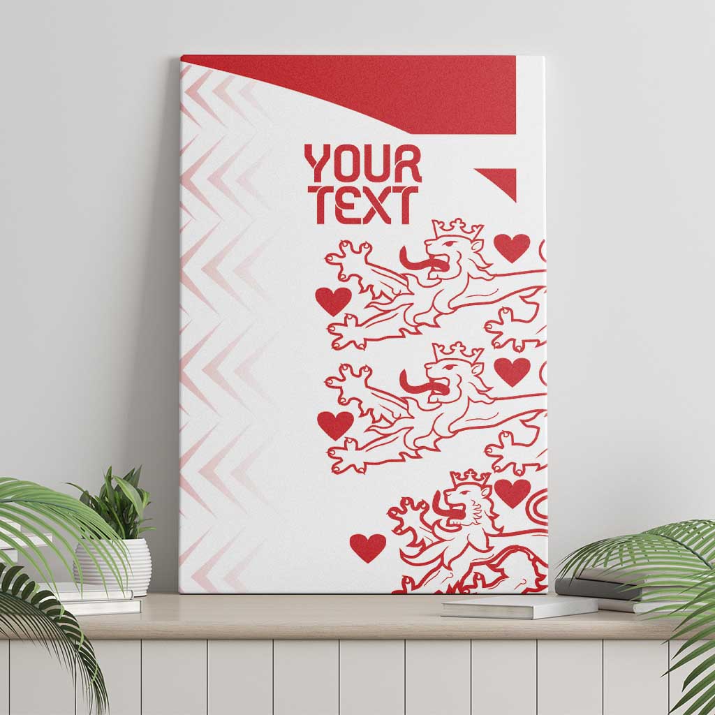 Red-and-white canvas wall art with “YOUR TEXT” and lion-heart pattern, white border.