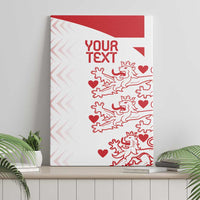 Red-and-white canvas wall art with “YOUR TEXT” and lion-heart pattern, white border.