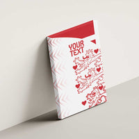 Red-and-white canvas wall art panel with “YOUR TEXT” and lion-heart motif, side view.