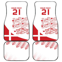 Set of four custom Denmark flag car mats, white with 'Your text 21' and red lions