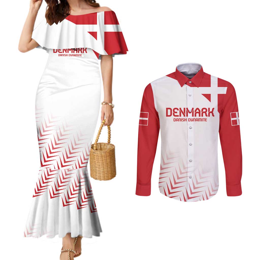 Custom Denmark Football Couples Matching Mermaid Dress and Long Sleeve Button Shirt Come On Danish Dynamite