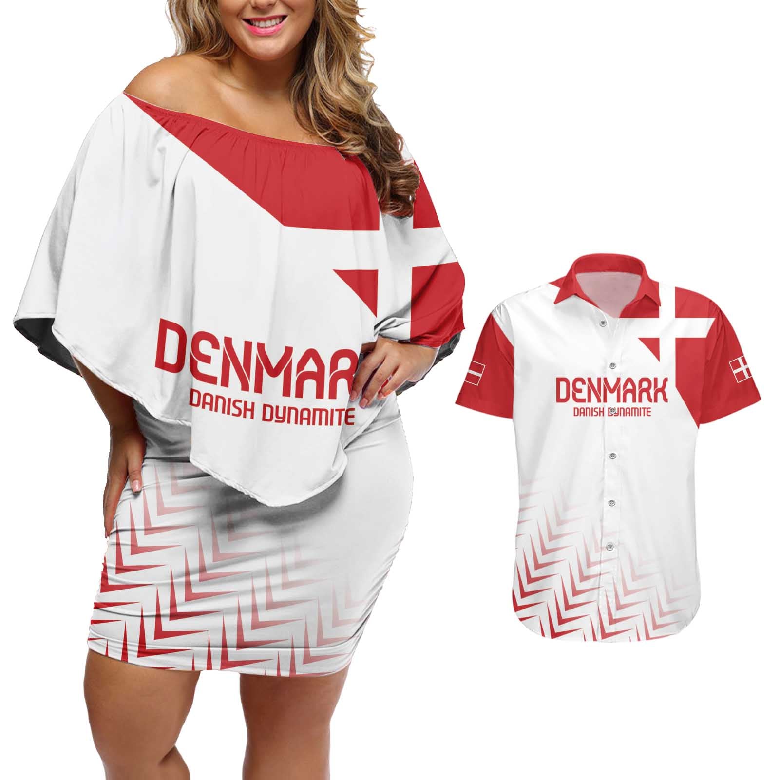 Custom Denmark Football Couples Matching Off Shoulder Short Dress and Hawaiian Shirt Come On Danish Dynamite LT9 - Wonder Print Shop