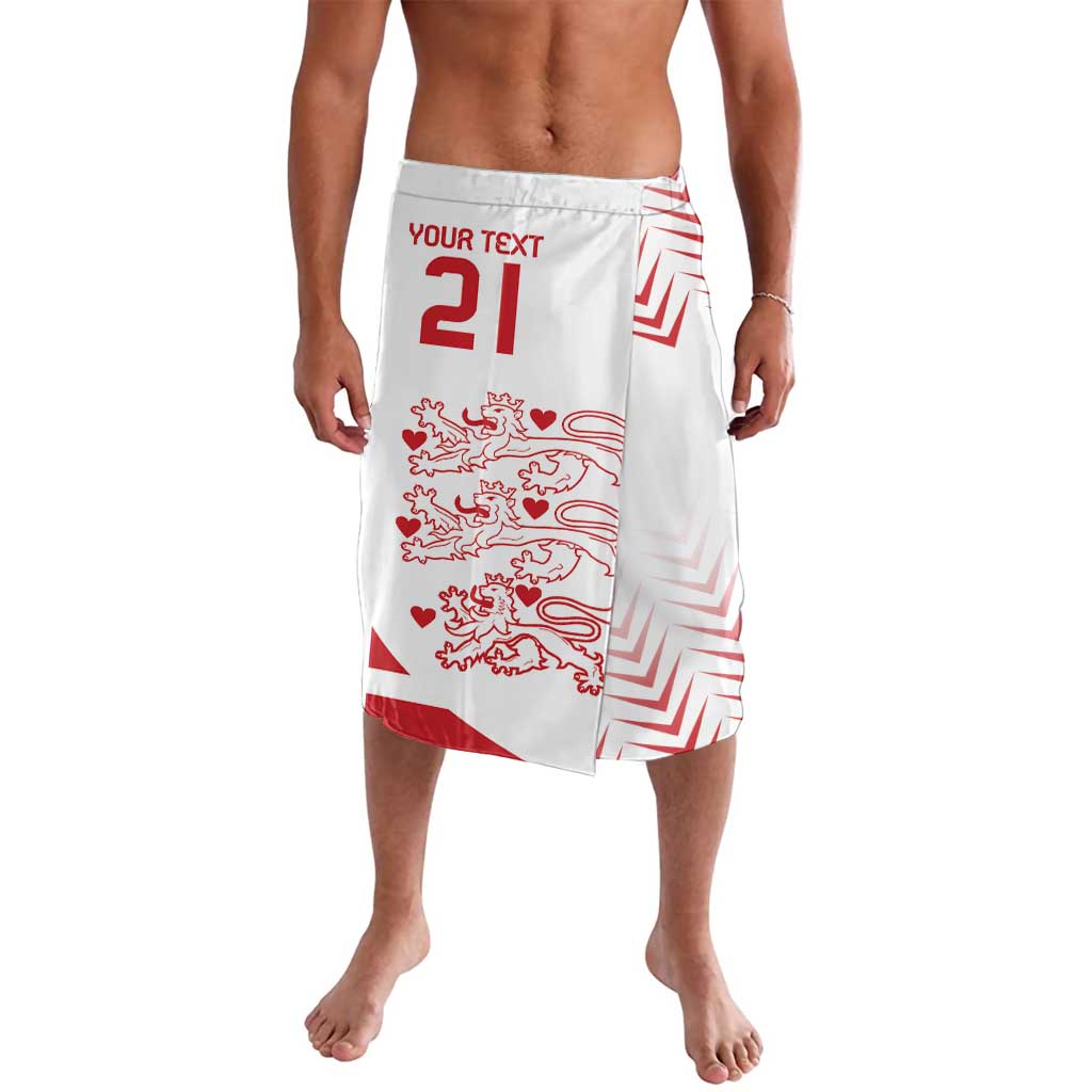 White lavalava skirt with red crest and custom text 'YOUR TEXT 21'