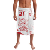 White lavalava skirt with red crest and custom text 'YOUR TEXT 21'