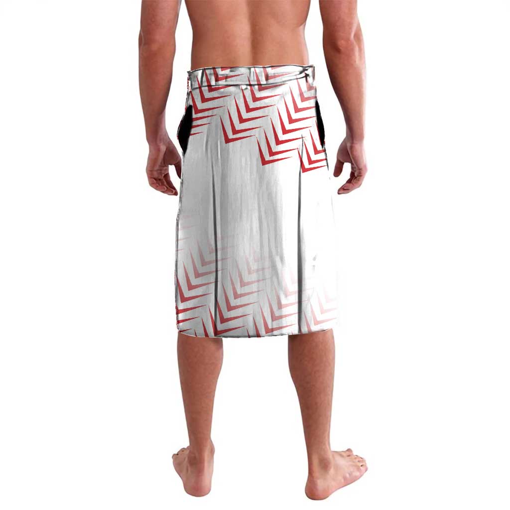 White lavalava skirt with red chevron stripes print, no visible text