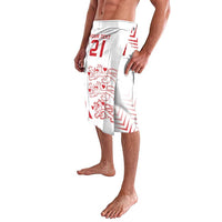 White lavalava skirt with red crest and 'YOUR TEXT 21' front graphic