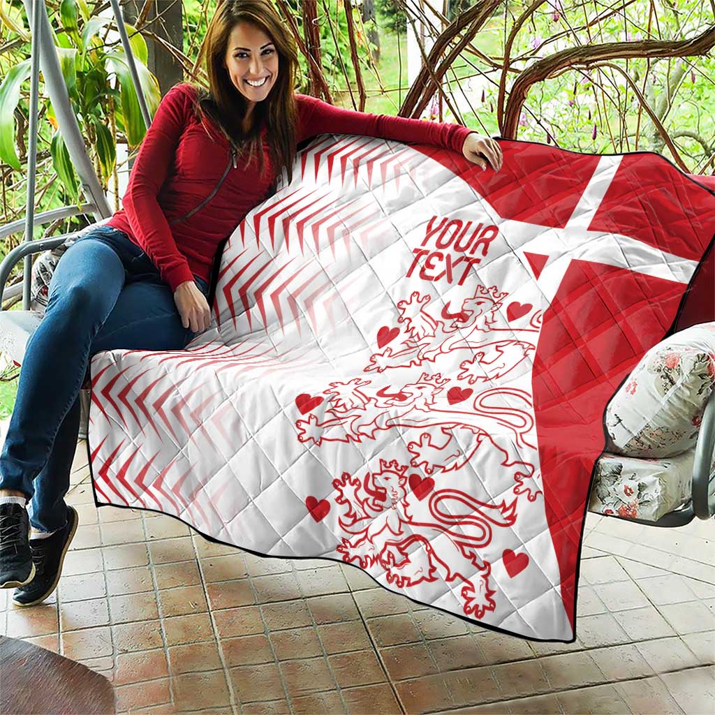 Custom Denmark football quilt on a patio seat, red-and-white flag design with custom text