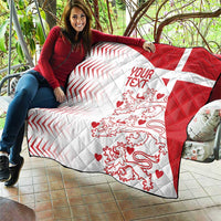 Custom Denmark football quilt on a patio seat, red-and-white flag design with custom text