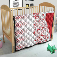 Custom Denmark football quilt on a bed, red-and-white flag design with custom text