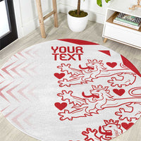 Round carpet close view, light gray with red 'YOUR TEXT' and animals plus hearts