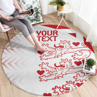 Round carpet, light gray with red 'YOUR TEXT' and animal and heart graphic design