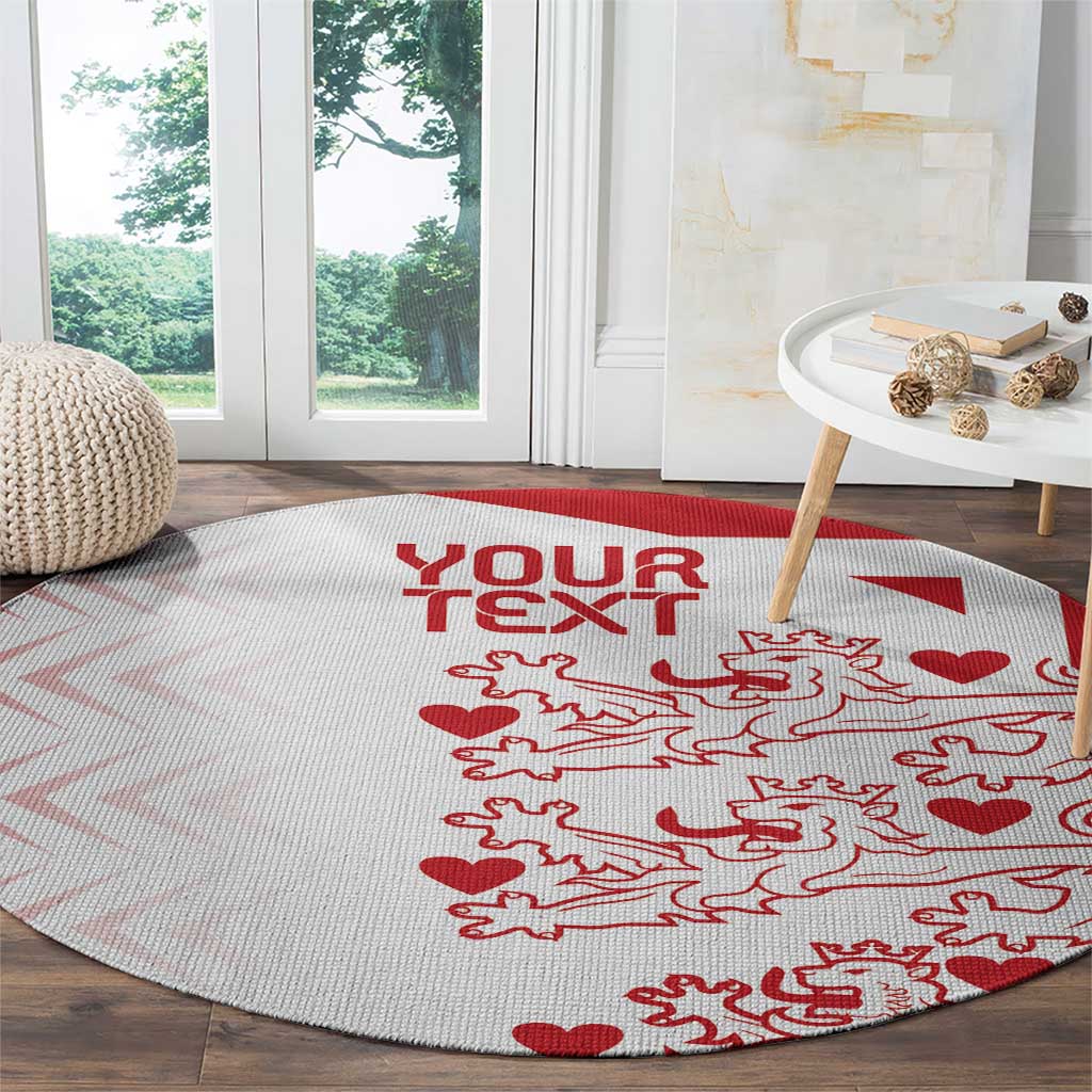 Round carpet, light gray with red 'YOUR TEXT' and Denmark-style animals and hearts
